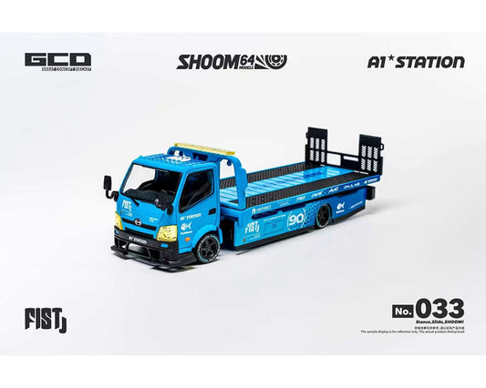 SHOOM64 1:64 FIST TEAM Hino 300 Custom Drop-Bed Car Carrier – Blue – Special Edition