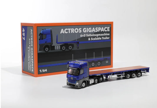 GCD 1/64 Mercedes-Benz Actros 3 axle tractor with retractable trailer (Blue/Grey)