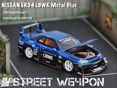 Street Weapon 1:64 LBWK Nissan Skyline GT-R ER34 Metallic Blue with open hood