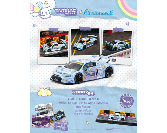 Tarmac Works 1:64 Audi R8 LMS GT3 evo II Macau GT Cup – FIA GT World Cup 2025 Uno Racing Adderly Fong Model Car + Trading Cards Combo Set – Hobby64