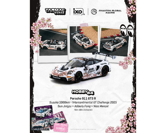 Tarmac Works 1:64 Porsche 911 GT3 R Suzuka 1000km – Intercontinental GT Challenge 2025 Phantom Global Racing Sun Jingzu / Adderly Fong / Nico Menzel Model Car + Trading Cards Combo Set