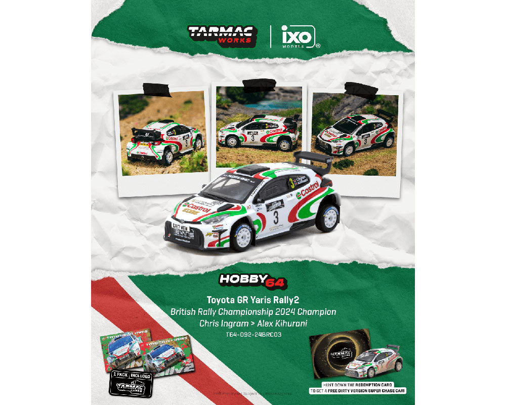 Tarmac Works 1:64 Toyota GR Yaris Rally2 British Rally Championship 2024 Champion Chris Ingram / Alex Kihurani with Trading Card – Hobby64