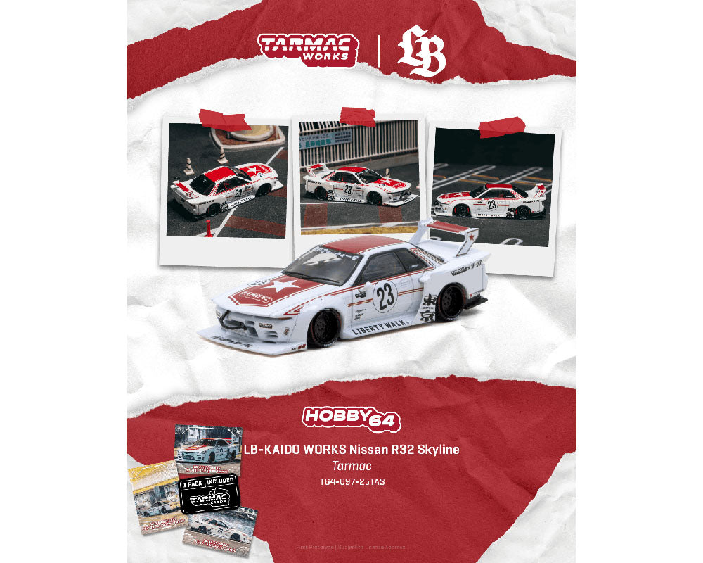 Tarmac Works 1:64 LB-KAIDO WORKS Nissan R32 Skyline Tarmac Model Car + Trading Cards Combo Set- Hobby64
