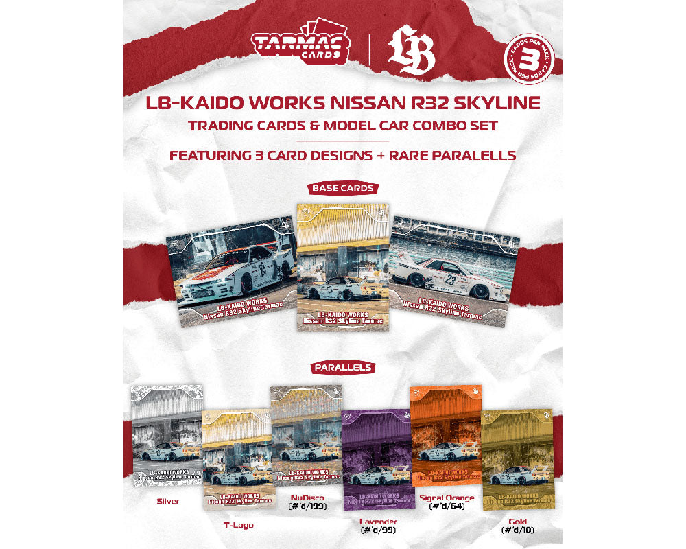 Tarmac Works 1:64 LB-KAIDO WORKS Nissan R32 Skyline Tarmac Model Car + Trading Cards Combo Set- Hobby64