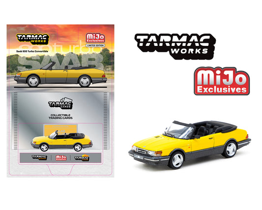 Tarmac Works 1:64 Saab 900 Turbo Convertible with Trading Cards – Yellow- Global64 – Mijo Exclusives