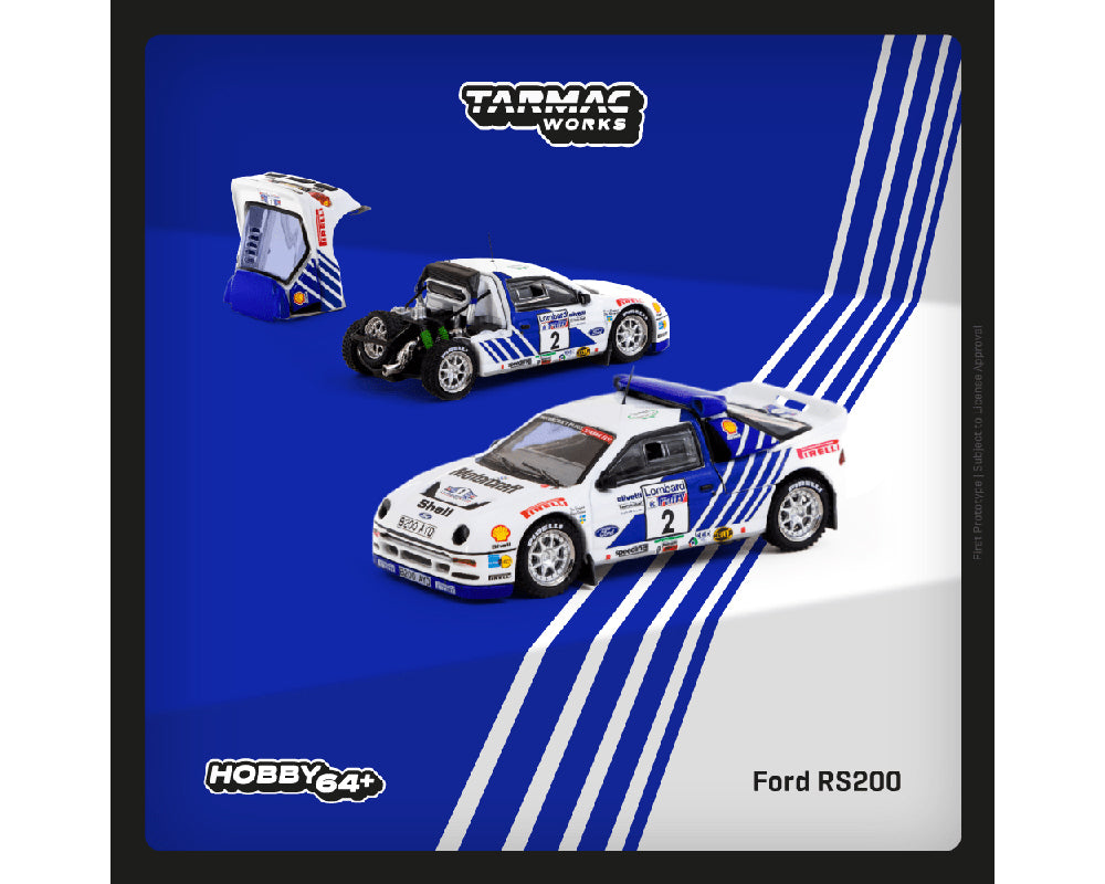 Tarmac Works 1:64 Ford RS200 Lombard RAC Rally 1986 Stig Blomqvist / Bruno Berglund – Red – Road64