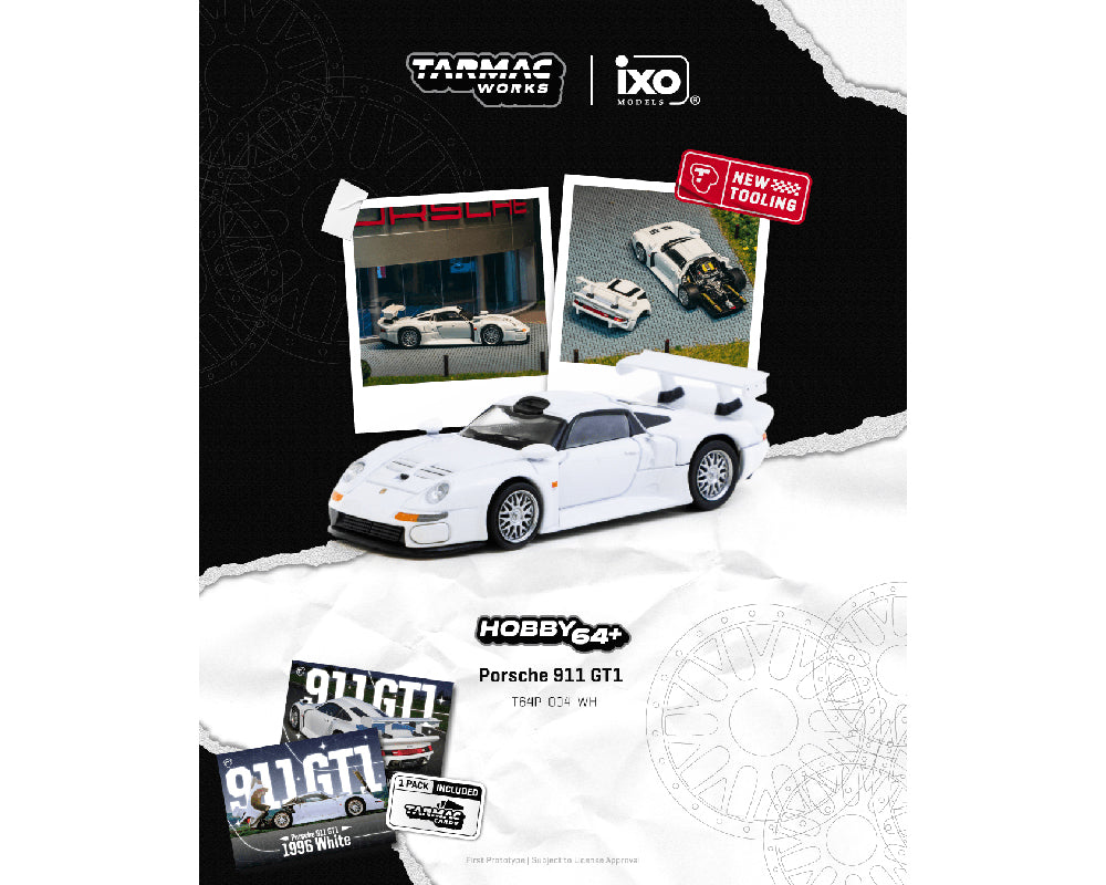 Tarmac Works 1:64 Porsche 911 GT1 w/ Trading Card – White