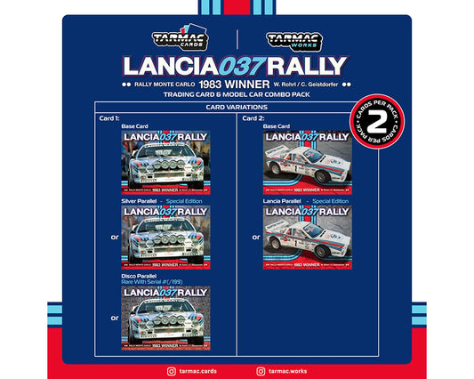 Tarmac Works 1:64 Lancia 037 Rally Rally Monte Carlo 1983 Winner W. Rohrl / C. Geistdorfer with Trading Cards- Hobby64