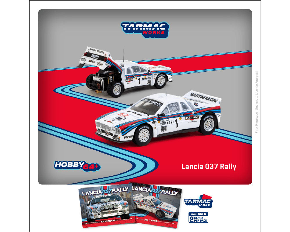 Tarmac Works 1:64 Lancia 037 Rally Rally Monte Carlo 1983 Winner W. Rohrl / C. Geistdorfer with Trading Cards- Hobby64