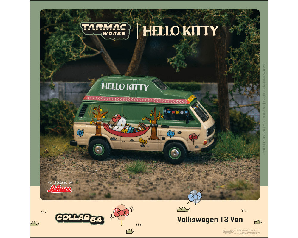 Tarmac Works 1:64 Schuco Volkswagen T3 Camper Van Hello Kitty – Beige Green – Collab64
