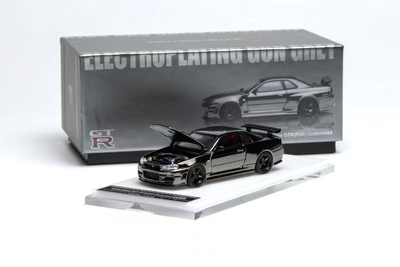 Motorhelix 1:64 Nissan Skyline R34 GT-R Black Chrome HEC Beijing Exclusive with open hood