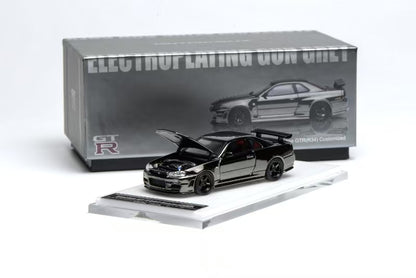 Motorhelix 1:64 Nissan Skyline R34 GT-R Black Chrome HEC Beijing Exclusive with open hood
