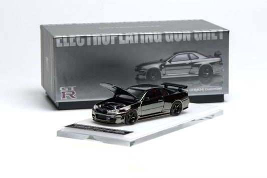 Motorhelix 1:64 Nissan Skyline R34 GT-R Black Chrome HEC Beijing Exclusive with open hood