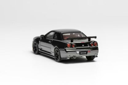 Motorhelix 1:64 Nissan Skyline R34 GT-R Black Chrome HEC Beijing Exclusive with open hood