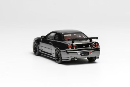 Motorhelix 1:64 Nissan Skyline R34 GT-R Black Chrome HEC Beijing Exclusive with open hood
