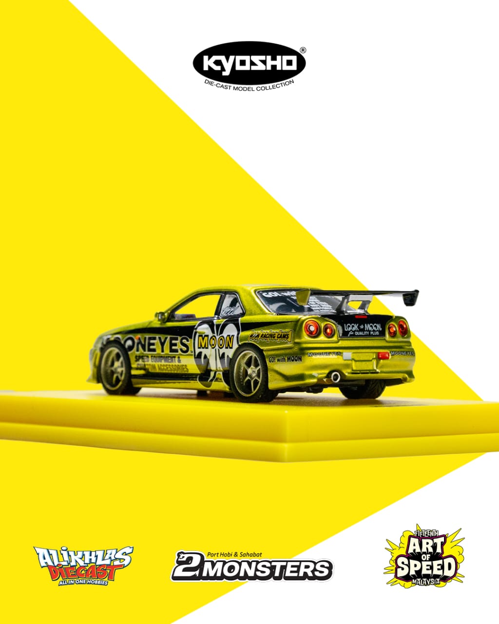 Kyosho MOTN 1/64 Art of Speed Malaysia Limited Nissan Skyline R34 Mooneyes