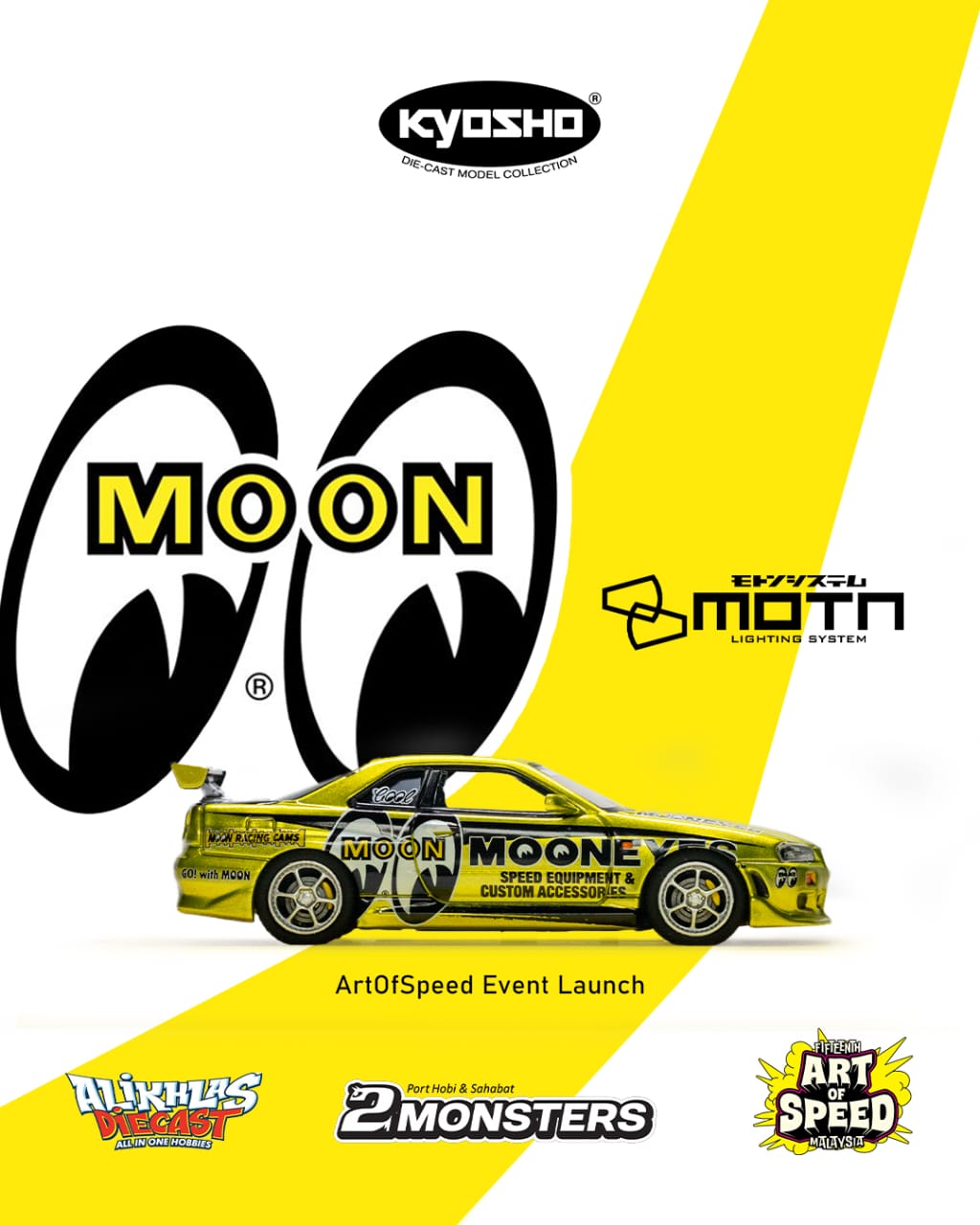 Kyosho MOTN 1/64 Art of Speed Malaysia Limited Nissan Skyline R34 Mooneyes
