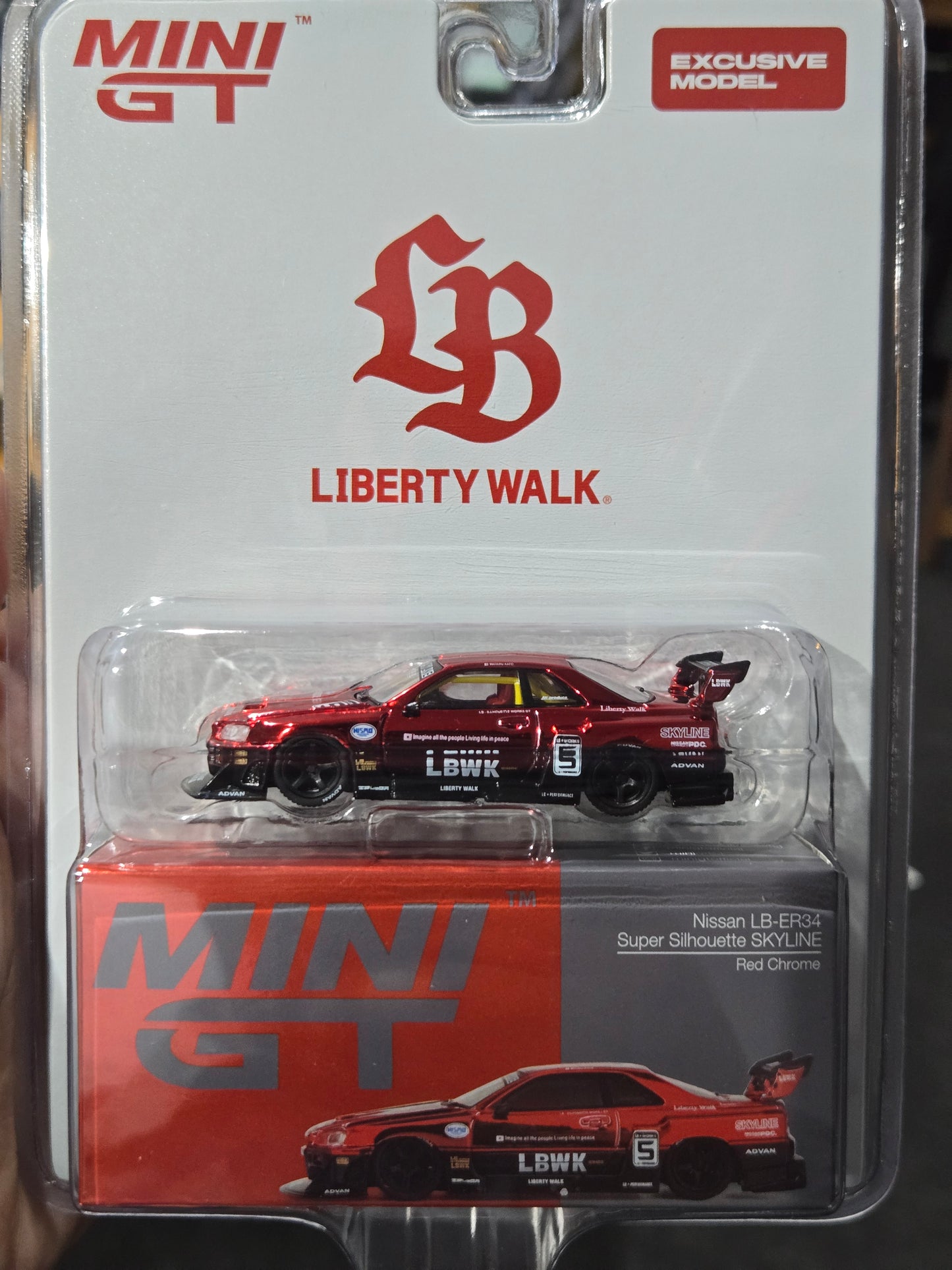 Brazil Exclusive Mini GT 1:64 Nissan LB-ER34 Super Silhouette Chrome Red