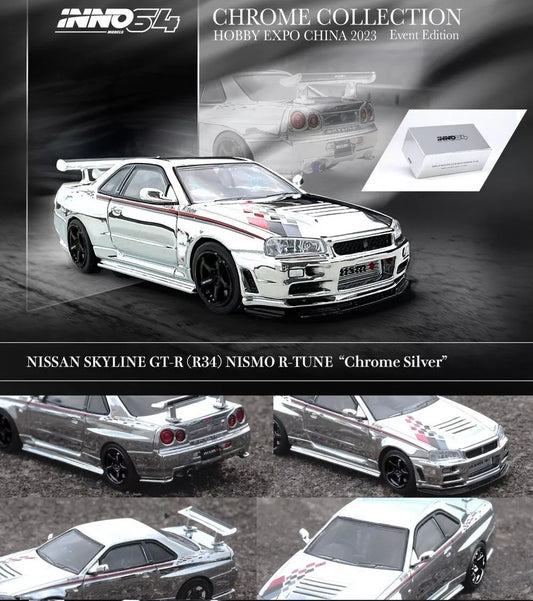 INNO64 1/64 Nissan GT-R R34 Nismo R-Tune Silver Chrome Hobby Expo