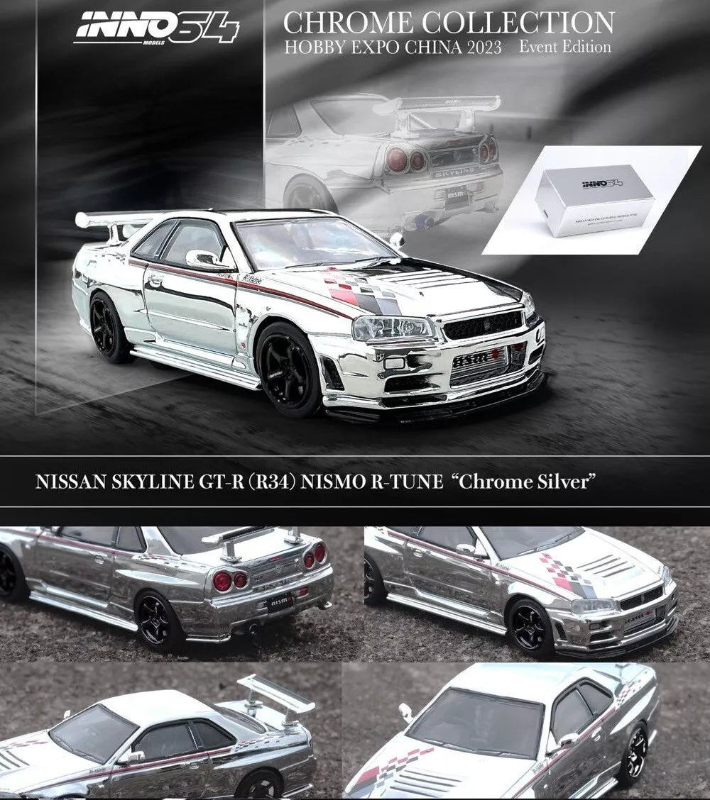 INNO64 1/64 Nissan GT-R R34 Nismo R-Tune Silver Chrome Hobby Expo