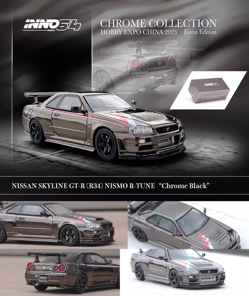 INNO64 1/64 Nissan GT-R R34 Nismo R-Tune Black Chrome Hobby Expo –  DiecastTalk