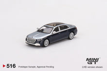 Load image into Gallery viewer, Mini GT 1:64 Mercedes-Maybach S680 Cirrus Silver / Nautical Blue metallic