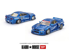 Load image into Gallery viewer, Kaido House x Mini GT 1:64 Nissan Skyline GT-R (R34) Kaido Works V3 – Blue – Limited Edition