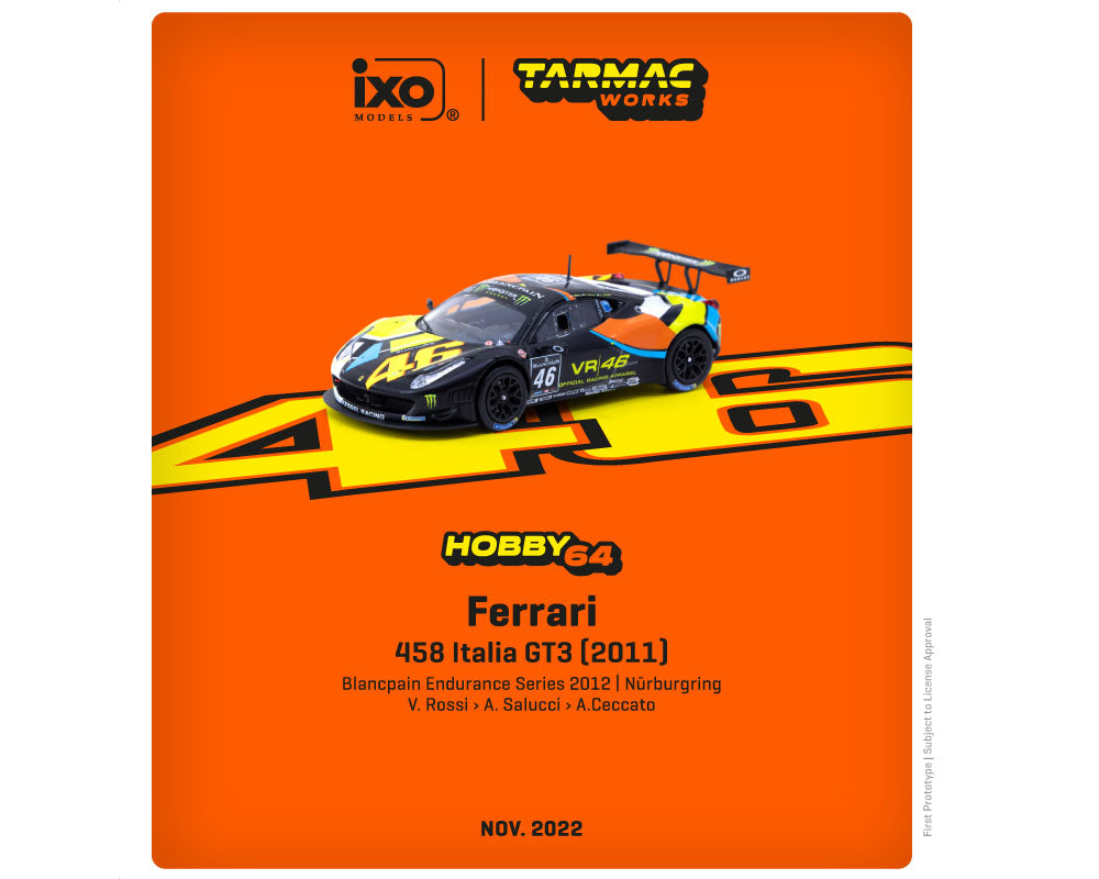 Tarmac Works 1:64 Ferrari 458 Italia GT3 (2011) Blancpain Endurance Series 2012 #46 – NURBURGRING V. Rossi / A. Salucci / A.Ceccato