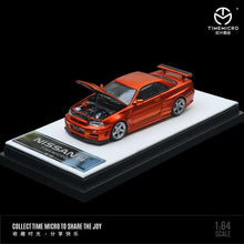 Load image into Gallery viewer, Time Model 1:64 Nissan Skyline GTR R34 Z-Tune with opening hood (Orange/Yellow)