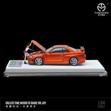 Load image into Gallery viewer, Time Model 1:64 Nissan Skyline GTR R34 Z-Tune with opening hood (Orange/Yellow)