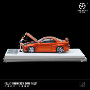 Time Model 1:64 Nissan Skyline GTR R34 Z-Tune with opening hood (Orange/Yellow)