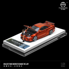 Load image into Gallery viewer, Time Model 1:64 Nissan Skyline GTR R34 Z-Tune with opening hood (Orange/Yellow)