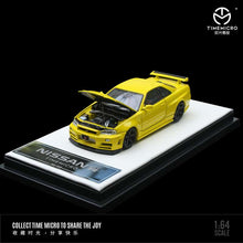 Load image into Gallery viewer, Time Model 1:64 Nissan Skyline GTR R34 Z-Tune with opening hood (Orange/Yellow)
