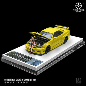 Time Model 1:64 Nissan Skyline GTR R34 Z-Tune with opening hood (Orange/Yellow)